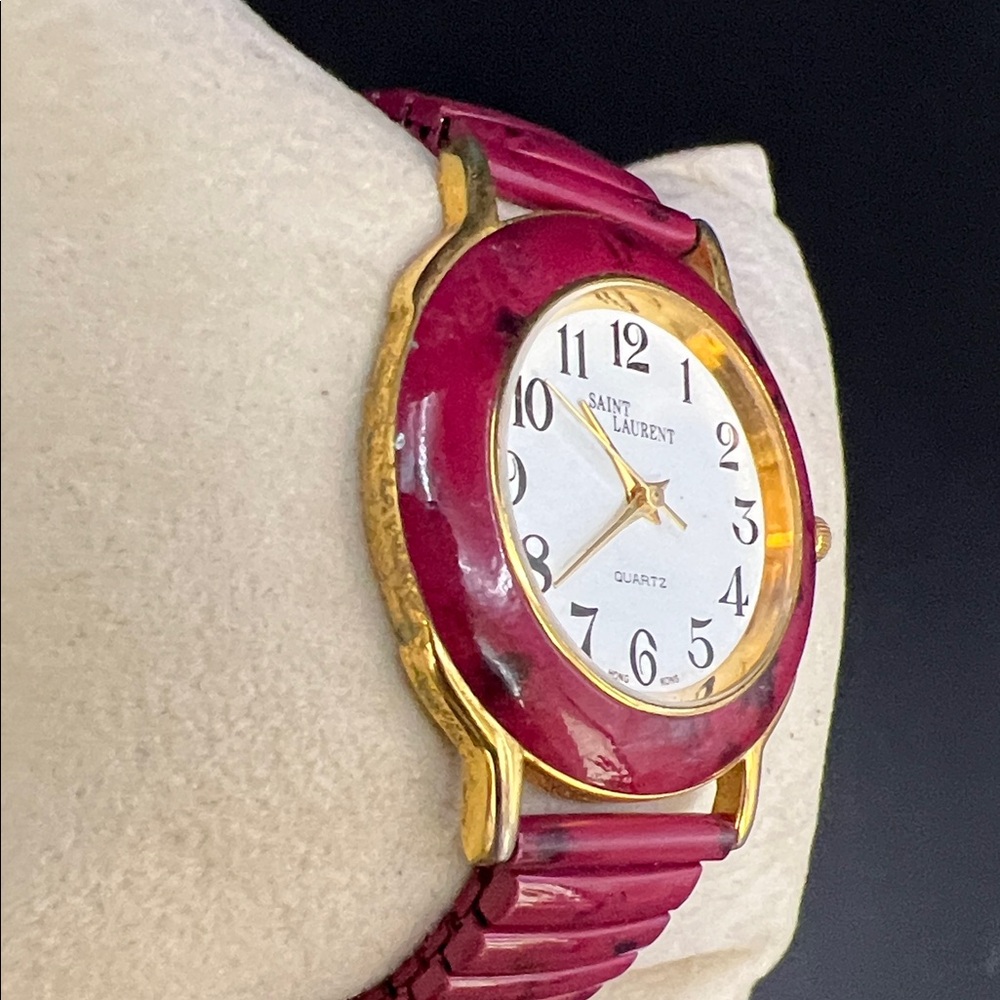 Saint Laurent Red Marble Dial Watch with Gold Case and 6.5” Red Strap - Picture 3 of 9